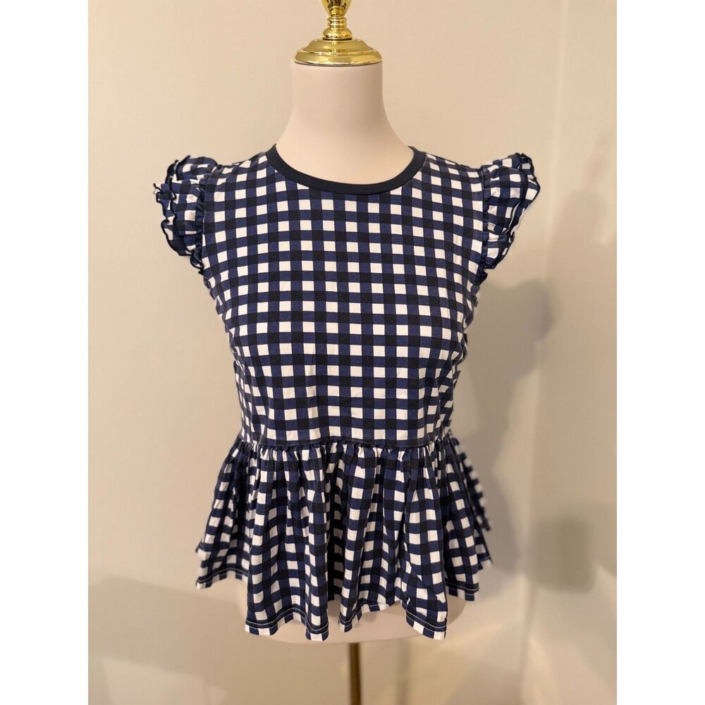 Kate Spade New York Gingham Peplum Top Navy White Ruffle Flutter Sleeve